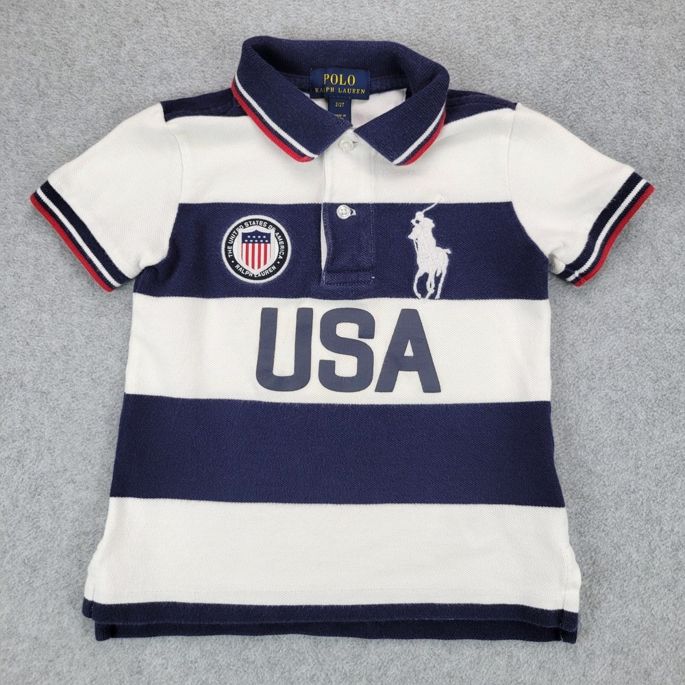 Polo Ralph Lauren Polo Shirt Kids 2/2T Navy Blue White USA Striped Pony